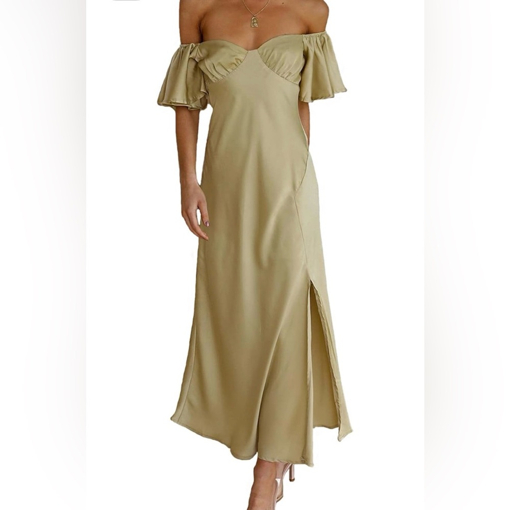 Elegant Butterfly Sleeve Split Cocktail Prom Midi Dresses Olive Large